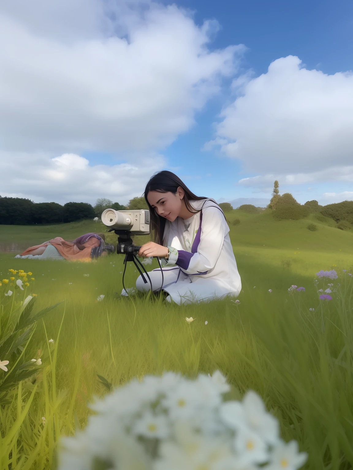 There was a woman kneeling in a field with a camera, author:anato finnstark, author:Jaco Matilla, in a field with flowers, sitting in a field of flowers, author:Anna Heifesch, author:Magdalene Behrens, is playing happily, in a field, sitting in a field, Sitting in a cannabis field "query": "The background in the photo,Plus a white skin,prette,Flattering,Attractive girl,She has big eyes,gentleness,The sun shines on her face,It's warm to watch,Like an elf,Her smile is charming", “type”:“IMAGE”, “actionTag”:“generative_image”