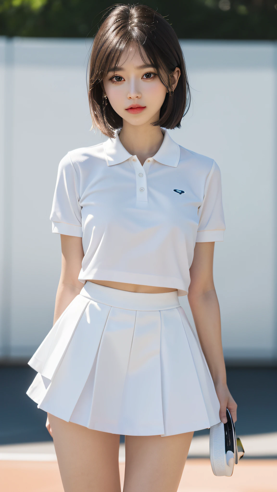 1girll, 独奏, White polo shirt, White sneakers, tennis wear, white mini-skirt, tmasterpiece, Best quality at best, realisticlying, ultra - detailed, (shiny skins, perspired:1.4), looking at viewert, with short black hair, with brown eye,slenderness,Dynamic light and shadow,A high resolution,Sharp focus,depth of fields,The eyes are delicate,Sharp pupils,pupil realistic,(Thigh thick:1.0),exteriors,Skysky