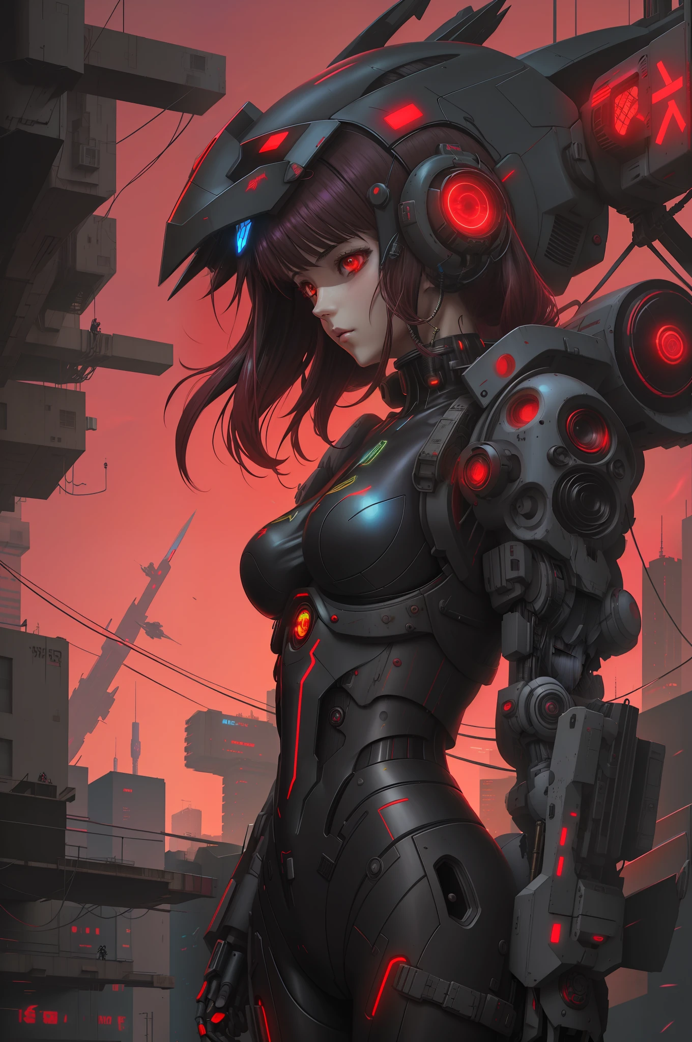 Anime girl with red eyes and futuristic suit standing in front of the city, cyberpunk anime girl mech, girl in mecha cyber armor, Digital cyberpunk anime art, anime cyberpunk art, female cyberpunk anime girl, cyberpunk anime girl, cyberpunk anime art, female mecha, cyberpunk theme art, digitl cyberpunk - anime art, Advanced digital cyberpunk art, Cyberpunk art style