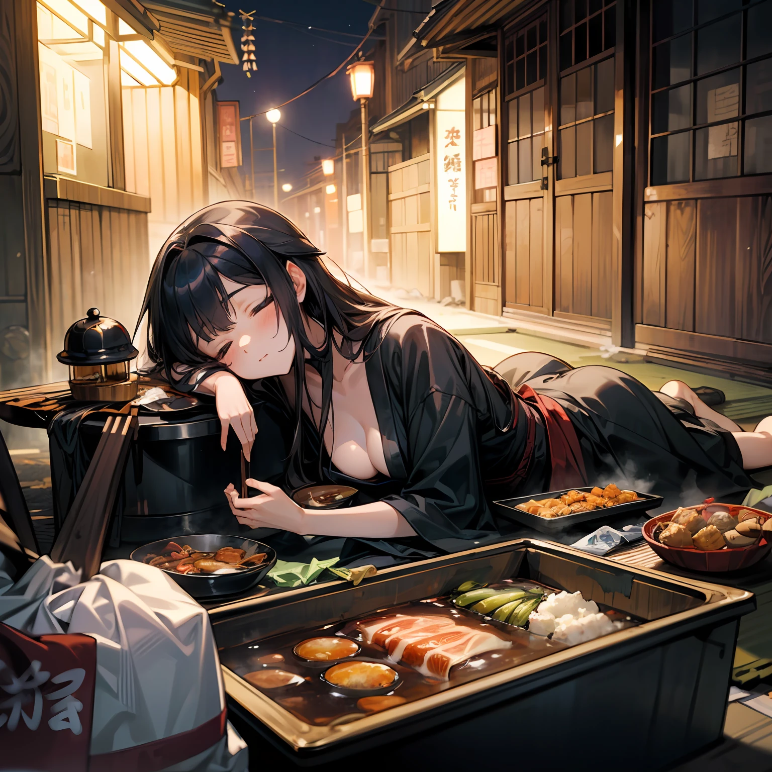 (masterpiece, best quality),(night,trash,junk:1.3),(alley in Japan,casserole),1girl,sleep,messy,empty can,black hair,long hair,messy hair,black clothes,japanese clothes,crate,skewer,tokkuri,sukiyaki,oden,small breasts,lie down on the ground