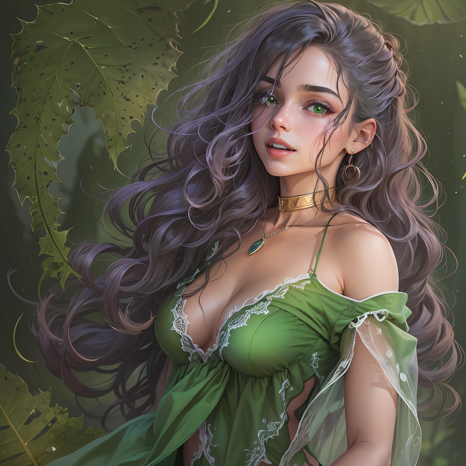 Duende, aberto, belo detalhado corpo inteiro, , mulher, mulher, jovem, 20 anos de idade, pele verde, cabelo ondulado, santo belo rosto detalhado, detalhes intrincados olhos cor prata bonitos e delicados, sorriso leve, pupilas brilhantes, Split lips, seios grandes, cruz, gargantilha, no Bra, alloy handles, na cama, pernas abertas, forma de M, saltos altos, colar, brincos --auto