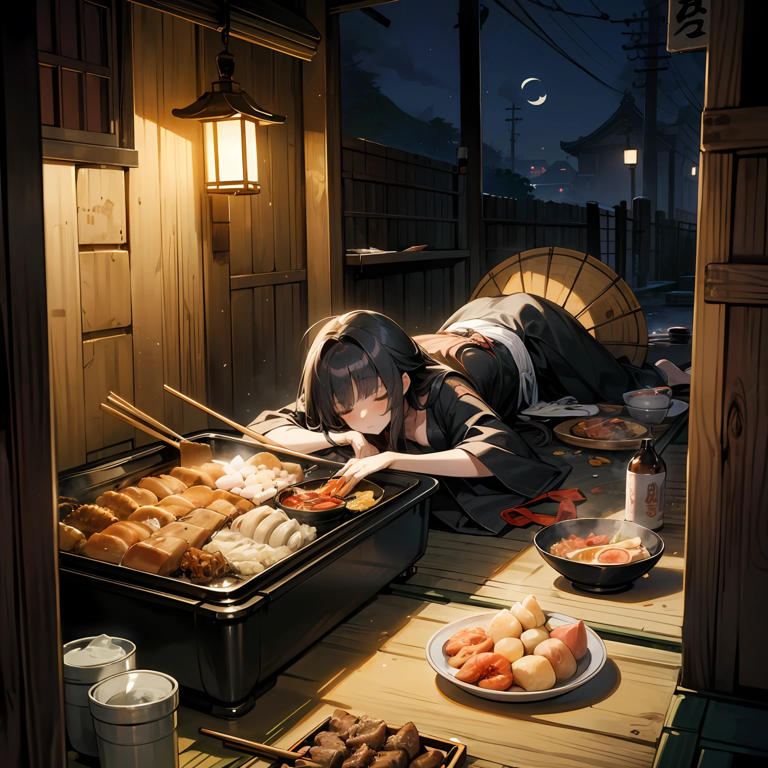(masterpiece, best quality),(night,trash,junk:1.3),(alley in Japan,casserole),1girl,sleep,messy,empty can,black hair,long hair,messy hair,black clothes,japanese clothes,crate,skewer,tokkuri,sukiyaki,oden,small breasts,lie down on the ground