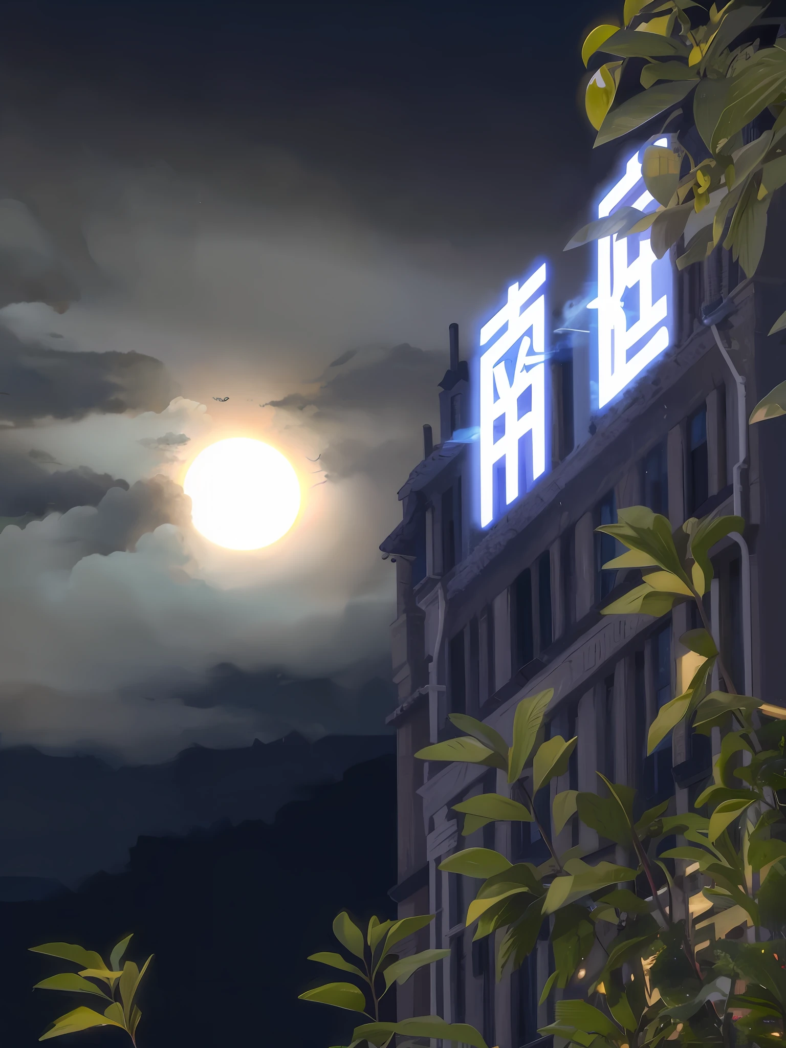 In the background is an Alafid view of a building with a full moon, street moon landscape, with full moon in the sky, at night with full moon, large moon, in front of a full moon, blue moon ray tracing, moon full, the moon is big an in the city, Moon, lunar busy street, full moon lighting, apartment building on the moon