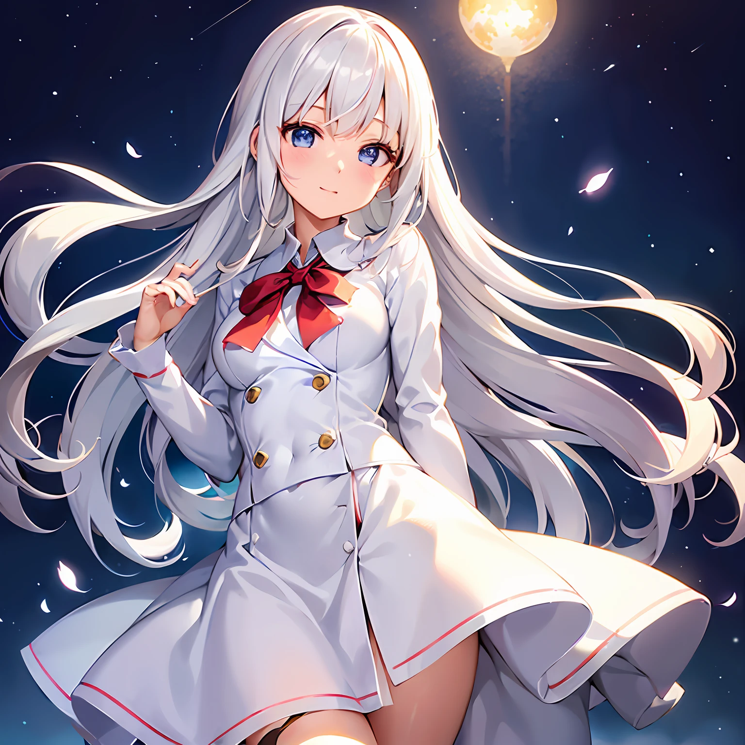 (masutepiece, Best Quality:1.2), 1 girl in、Idol、blanche、White hair、Beautiful and delicate skin、Beautiful delicate blue eyes、Cute、校服、Say everyone is cute、Redness of cheeks、Wear a beautiful and delicate uniform、She wears a beautiful red ribbon in her hair.、skirt by the、middlebreasts、Background with、stage、