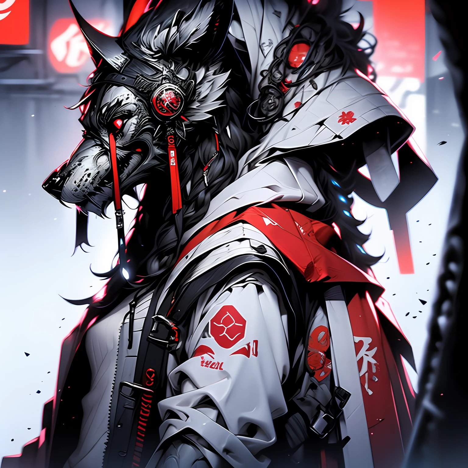 ((holy Angel)),Create an AI illustration of a young girl with black short hair, shiny hair, colored inner hair, floating hair, red eyes, (eyepatch), and headphones. She resembles a samurai, (She wears Japanese armor), She wears armor while pairing it with a miniskirt, showcasing her unique style. Please generate the illustration in the highest quality possible. oblique view view, facial profile, hyper detailed, intricate detailed, Wide shot of ruins, in a photorealistic 4DCG style.