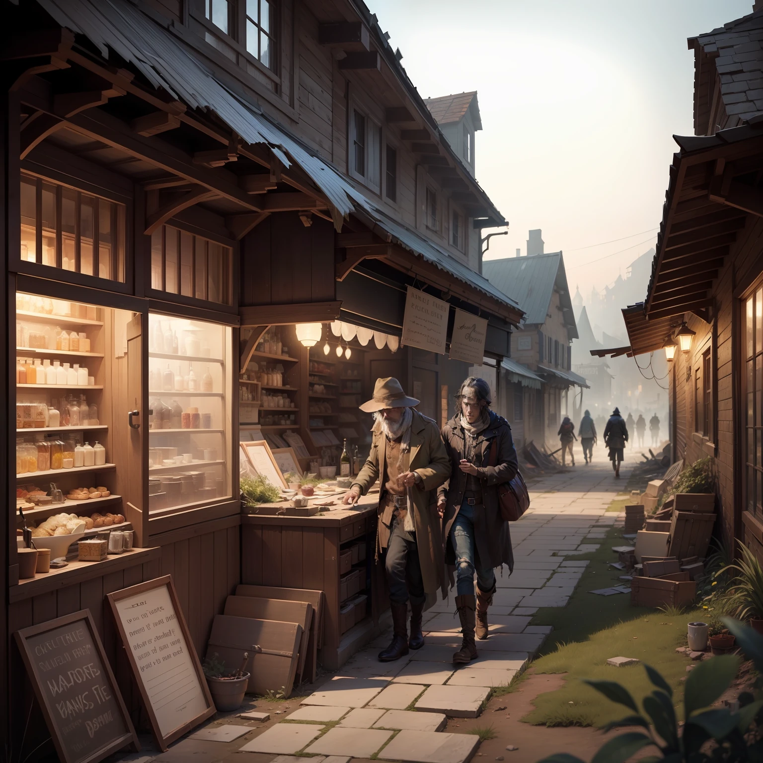 Best quality at best,tmasterpiece,A gathering place for wanderers,Eschatological,Wandering merchant,shop,wreckage,dead body,Non-human,zombie
