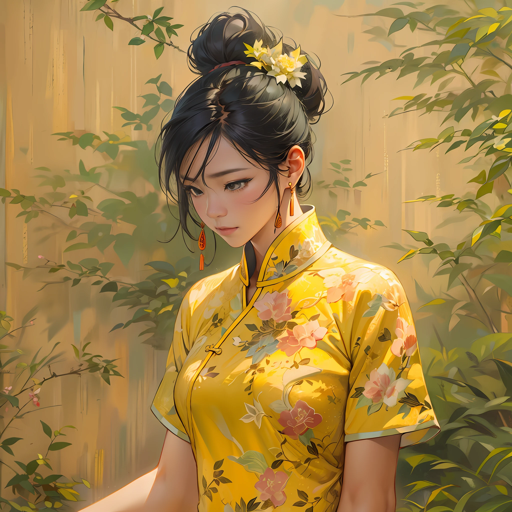 Young Asian woman in yellow cheongsam,An expectant look appeared on his face、wistful expression ,in the style of the stars art group xing xing, 32K, Best quality, Masterpiece, Super detail, High details,