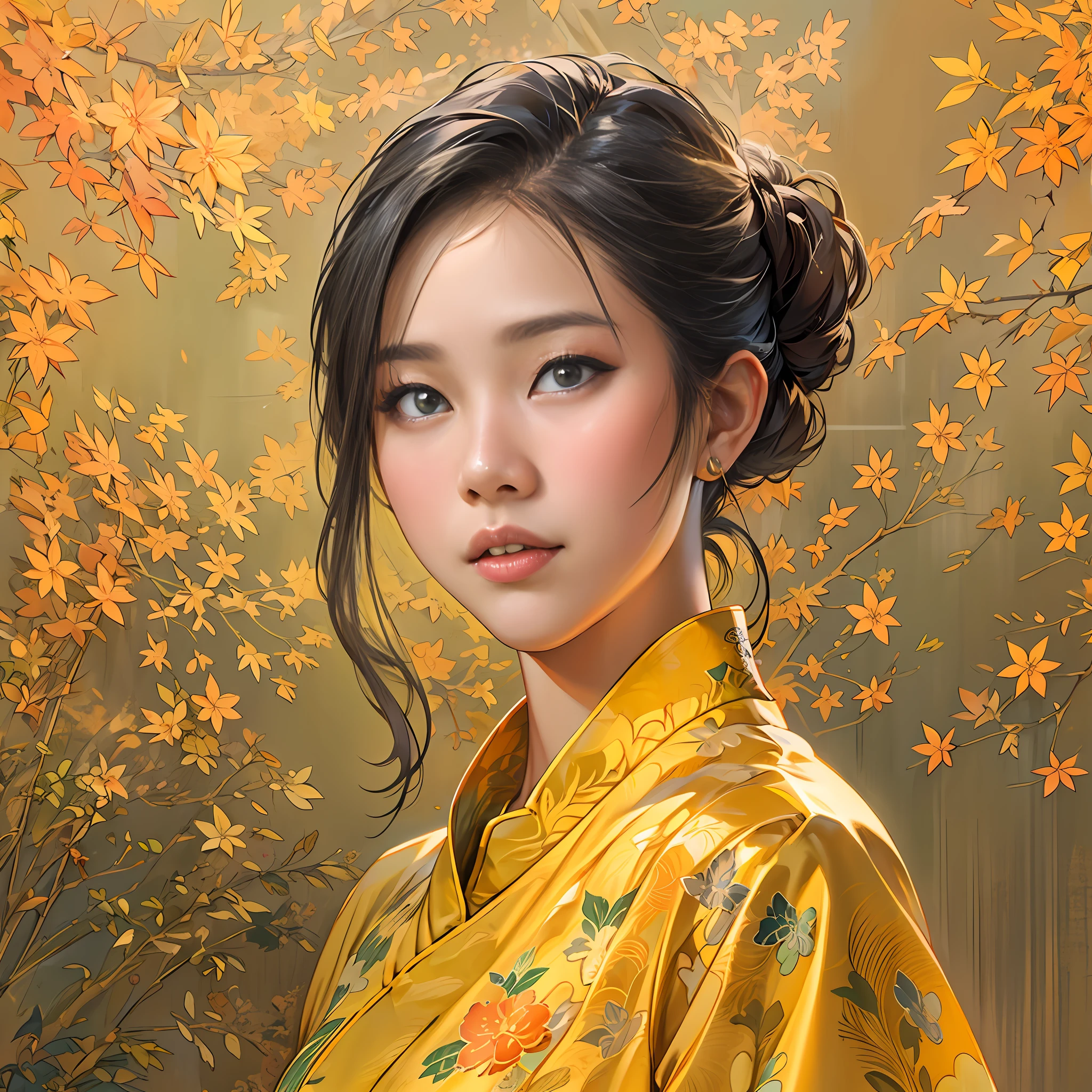 Young Asian woman in yellow cheongsam，An expectant look appeared on his face、wistful expression ,in the style of the stars art group xing xing, 32K, Best quality, Masterpiece, Super detail, High details,