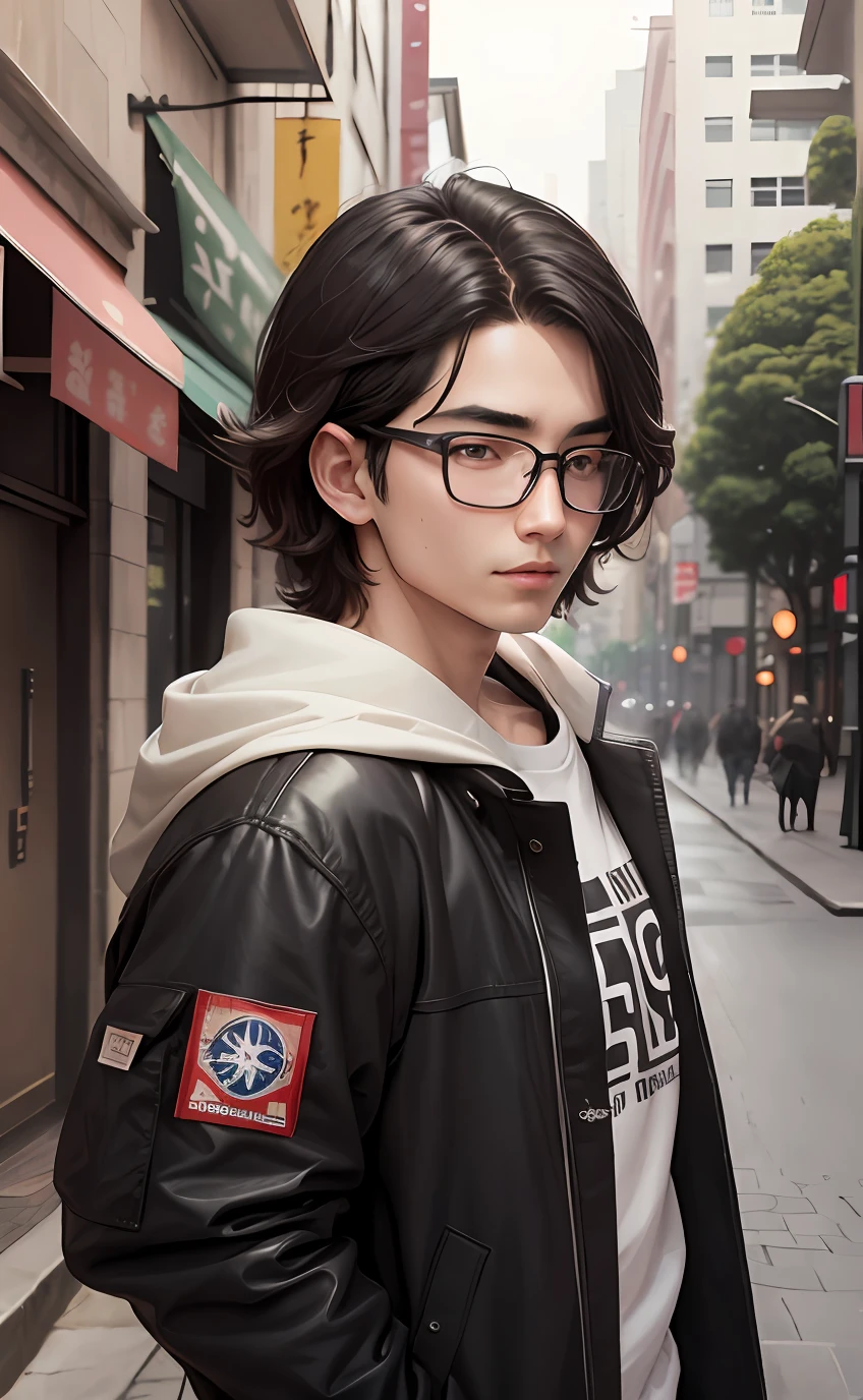 ((best qualtiy,8K,tmasterpiece:1.3)), 1boys, ssmile, full bodyesbian, Robust man, (Black flat head), jaket :1.1, Super detailed face, Detailed eyes, 二重まぶた,wears glasses, blur backgroun, Fang Fang's face, 城市, do lado de fora, the street,