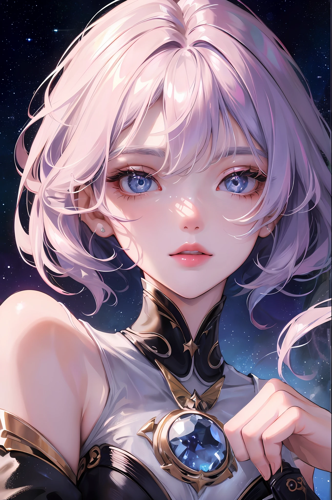 high high quality，tmasterpiece，Delicate facial features，Delicate hair，Delicate eyes，Girl's eye details，Long eyelashes，gem-like eyes，Crystal texture，Glazed texture，Onyx texture，Bright，glitters，high light，Gradient，Iris gradient，beautiful pupil，There are rivers of stars in the eyes，Highly detailed，high-definition picture quality，Bright colors，Depth of field effect，Star background，8K high quality detailed art（Delicate facial portrayal）（Fine hair depiction）（highest  quality）（Master masterpieces）（High degree of completion）（a sense of atmosphere）8k wallpaper，tmasterpiece，Best quality at best，ultra - detailed