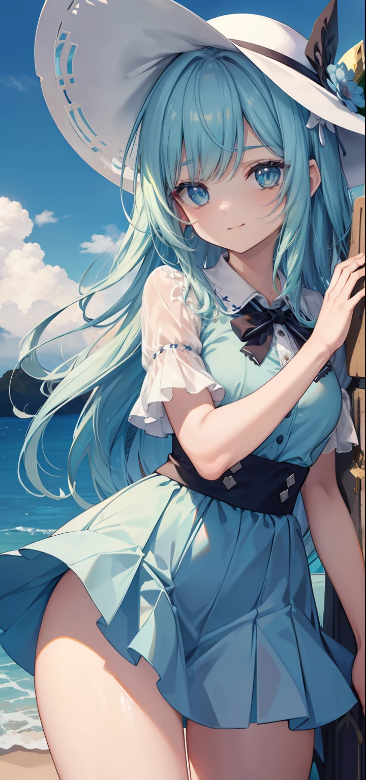 hands back, pose sexy, horny smile, camisa de manga curta azul claro, loli, garotinha, vestido branco, cinto azul claro, estampas florais pequenas, salto alto pontudo azul claro, meias brancas, wide-brimmed white sun hat, melhor qualidade, obra-prima, illustration, extremamente delicado e bonito, extremamente detalhado, Awesome, finamente detalhado, obra-prima, melhor qualidade, arte oficial, alta resolução, extremamente detalhado, linda mulher detalhada, pernas grossas, coxa grande, lindos olhos detalhados, luz no rosto