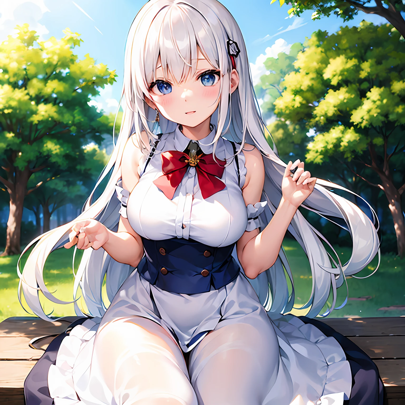 (masutepiece, Best Quality:1.2), 1 girl in、独奏、Idol、blanche、White hair、Beautiful and delicate skin、Beautiful delicate blue eyes、Cute、校服、Say everyone is cute、Redness of cheeks、Wear a beautiful and delicate uniform、She wears a beautiful red ribbon in her hair.、skirt by the、middlebreasts、Background with、stage、
