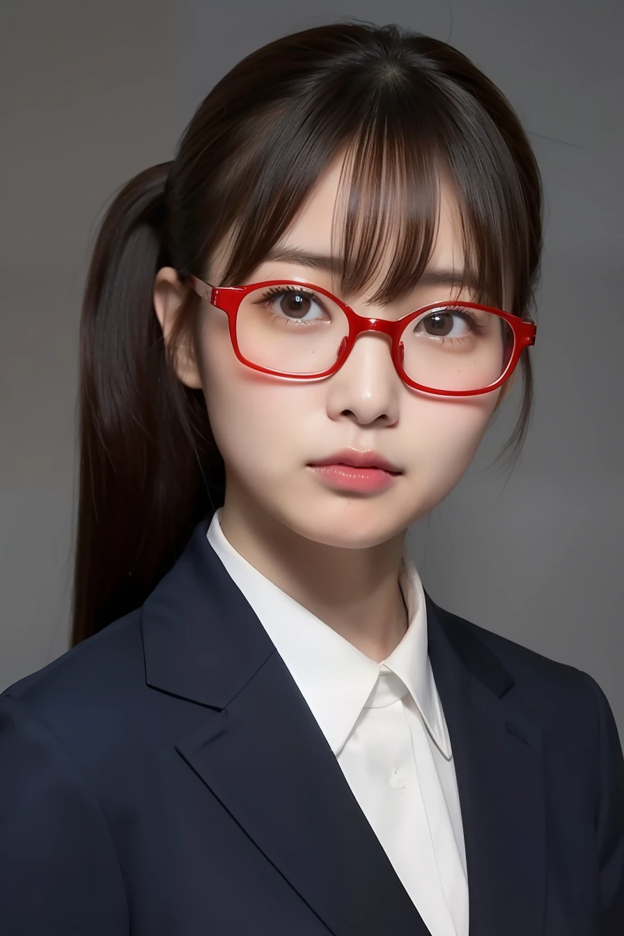 Wearing a recruit suit、japanes、28 year old、Wearing red glasses、light skinned、Looks faint-hearted、ID photo、Gentle、girl with、Facing the front、Bangs are down、Facebook icon、poneyTail