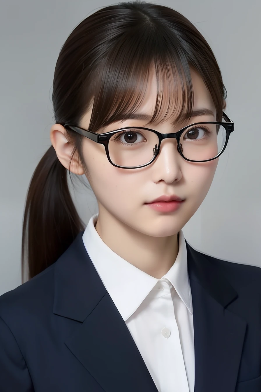 Wearing a recruit suit、japanes、28 year old、wears glasses、light skinned、Looks faint-hearted、ID photo、Gentle、girl with、Facing the front、Bangs are down、Facebook icon、poneyTail、plain、Suppin
