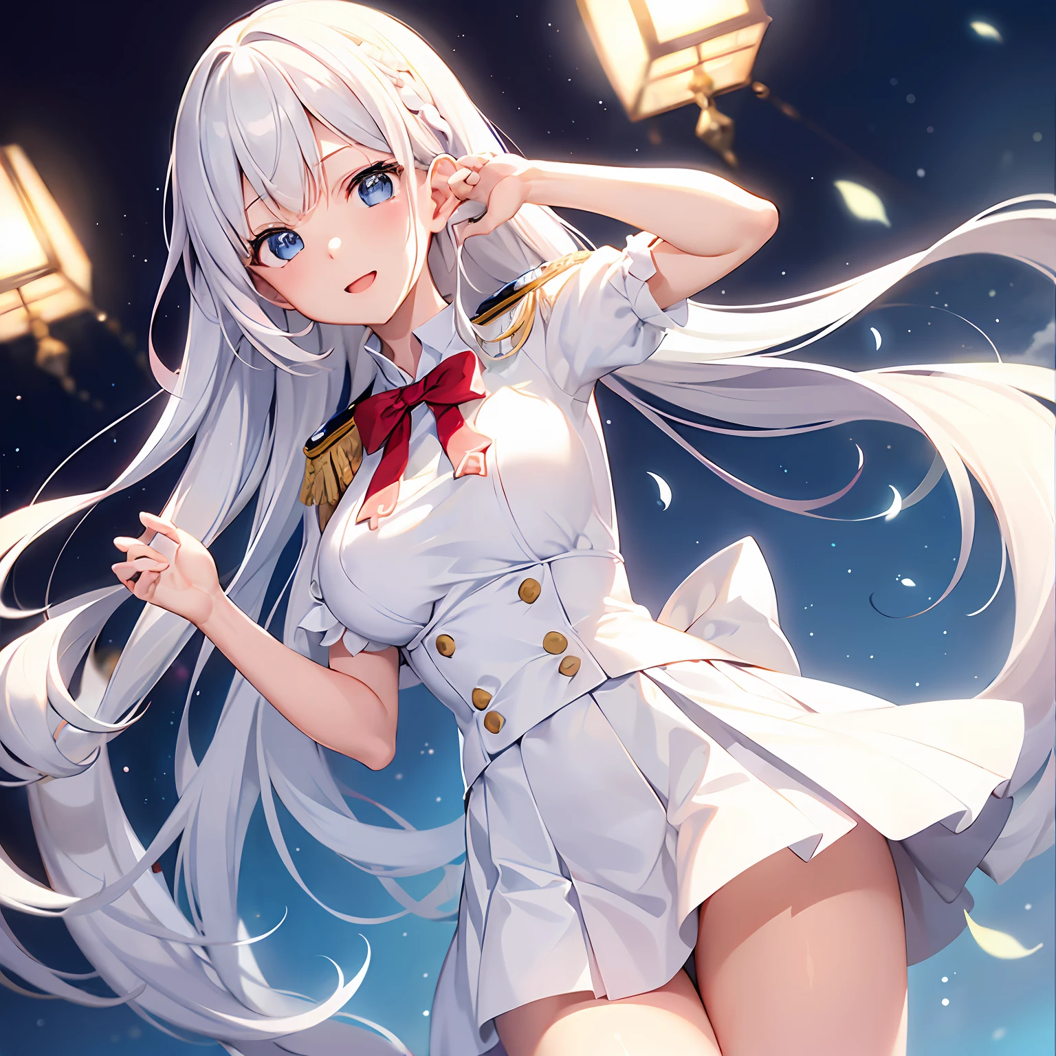 (masutepiece, Best Quality:1.2), 1 girl in、Idol、blanche、White hair、Beautiful and delicate skin、Beautiful delicate blue eyes、Cute、校服、Say everyone is cute、Redness of cheeks、Wear a beautiful and delicate uniform、White uniform、She wears a beautiful red ribbon in her hair.、skirt by the、middlebreasts、Background with、stage、