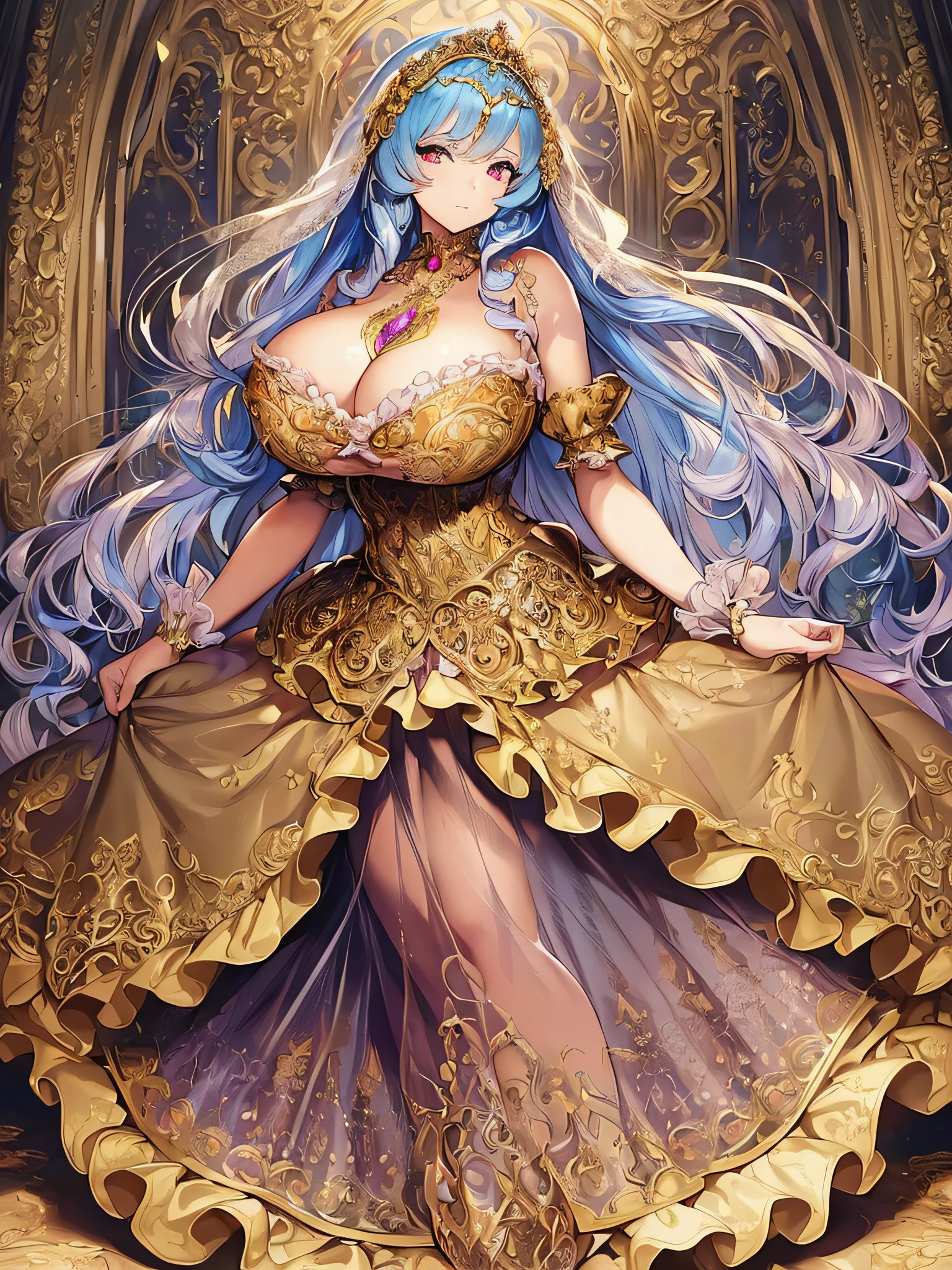 ((anime artstyle)),(Masterpiece),(Best Quality), (Super Detail),((Very Delicate and Beautiful)),((Solo)),((full body)),((1 princess in gorgeousfull rococo dress)),detailed face and eyes,jewel-like eyes,((voluminous Very Long Straight Hair)),(((gigantic tits,Long tits))),curvy,skindentation,((gorgeousfull embroidery and lace)),gorgeous corsage,See-through,gorgeousfull hair ornament,gorgeousfull glitter jeweled tiara,ornate ruffles,((full body)),((hoop skirt,crinoline)),Dynamic Angle,Looking at viewer,(((gorgeous embroidery gorgeousfull rococo dress)),full body