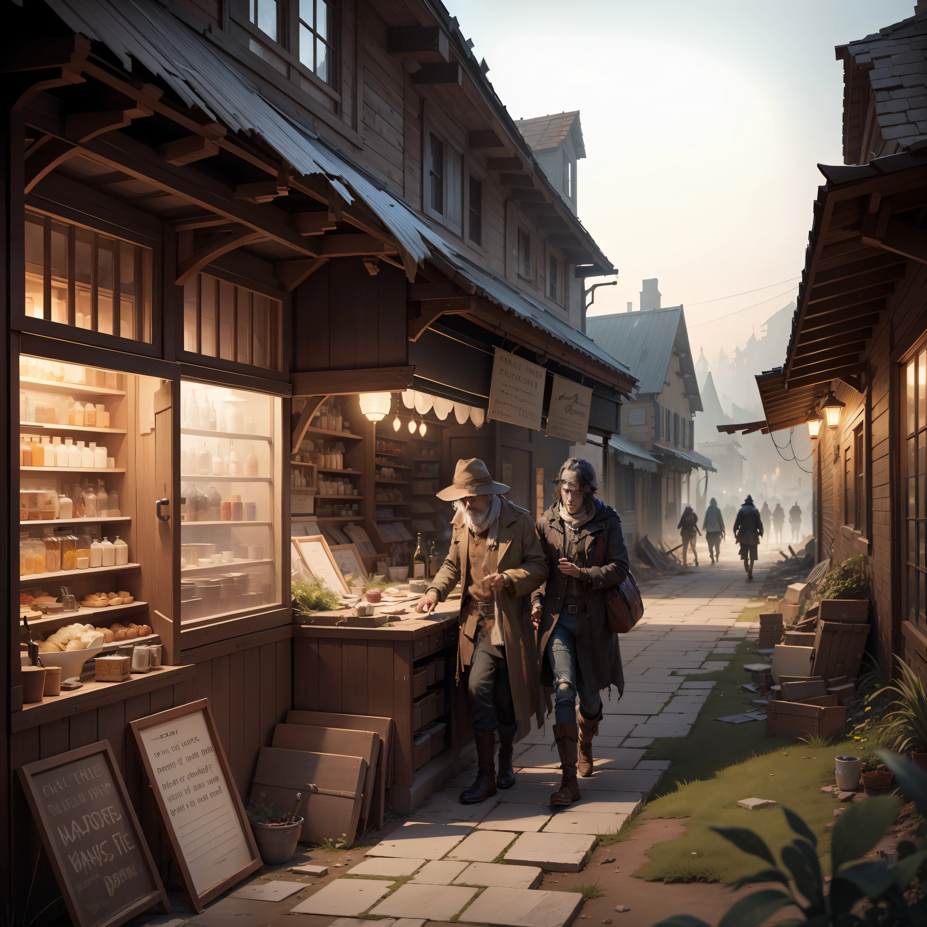 Best quality at best,tmasterpiece,A gathering place for wanderers,Eschatological,Wandering merchant,shop,wreckage,dead body,Non-human,zombie