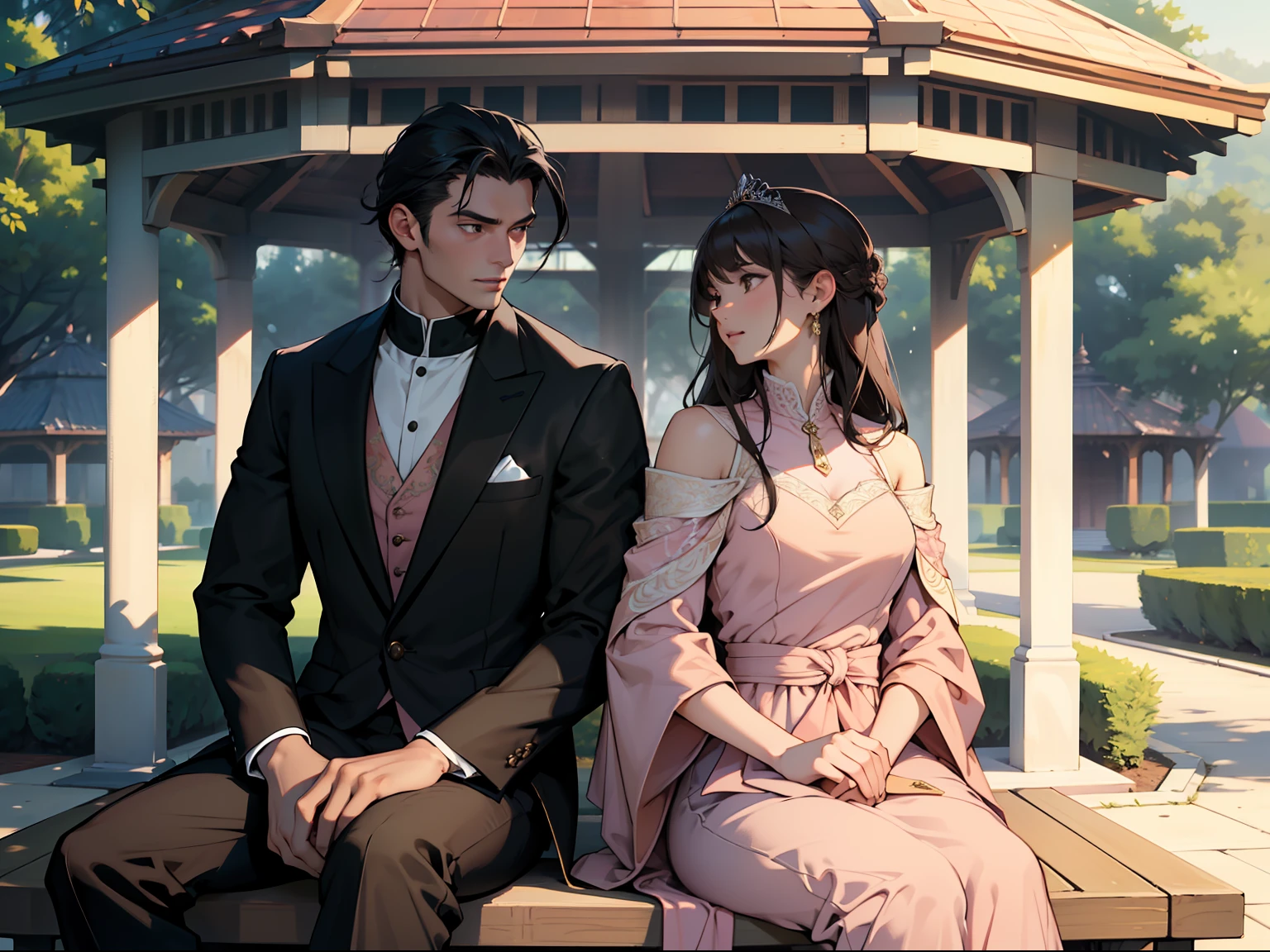 grand master,tmasterpiece,8k wallpaper,CG,Ultra-high image quality,light and shadow effect
(((One was wearing a pale pink dress,Elegant woman with long black hair and one in a brown suit,Handsome man with short black hair sitting in a park pavilion:1.5)))
(Behind him stood a man wearing a red tracksuit,Woman with flaxen shoulder-length hair:1.3)
(Close-up display:1.6)
Park parterres,gazebo,kotori