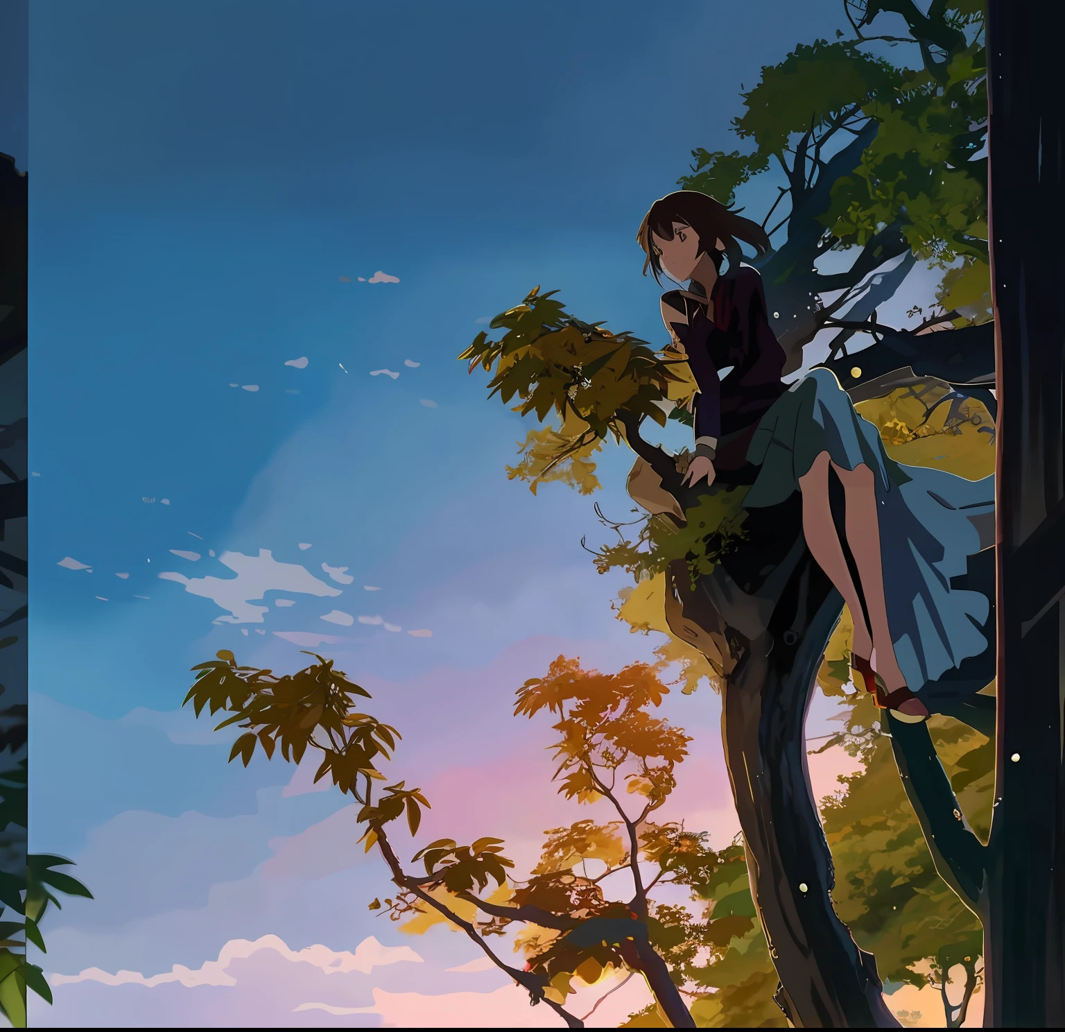 Anime girl sitting on a branch, anime fantasy artwork, Estilo de Makoto Shinkai, 4K anime wallpaper, Anime art wallpaper 8 K, Anime art wallpaper 4k, style of anime4 K, Anime art wallpaper 4 K, Beautiful anime artwork, beautiful fantasy anime