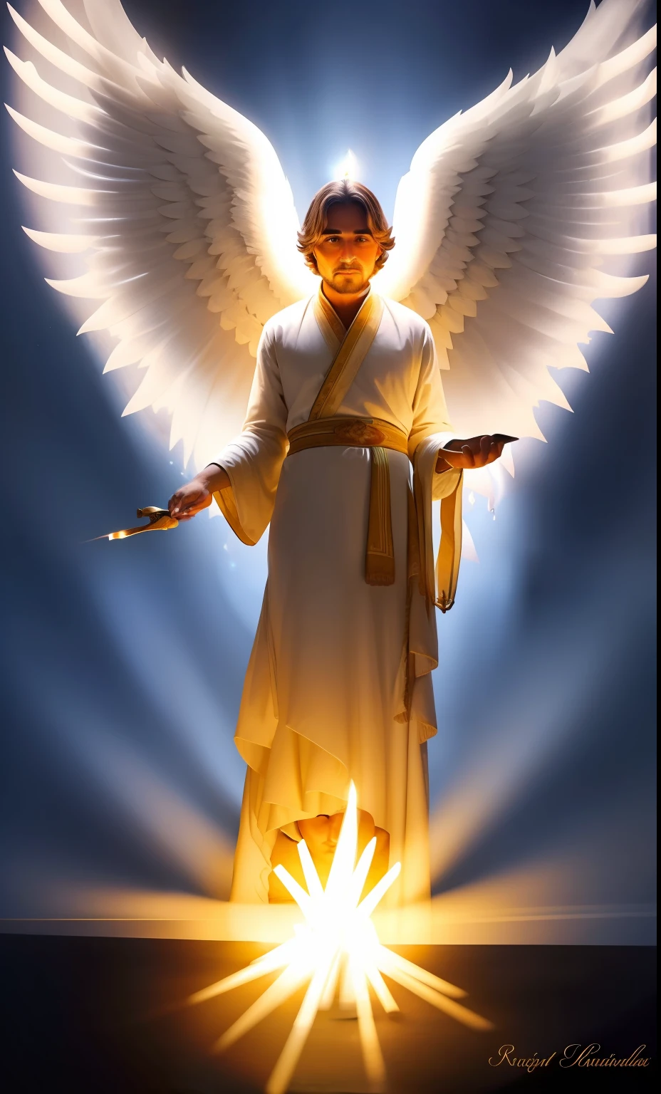 Lindo anjo com roupas claras, cabelos loiros. Sitting at a table with several lit candles. Mystical and mysterious environment. Rosto muito limpo e barbeado.