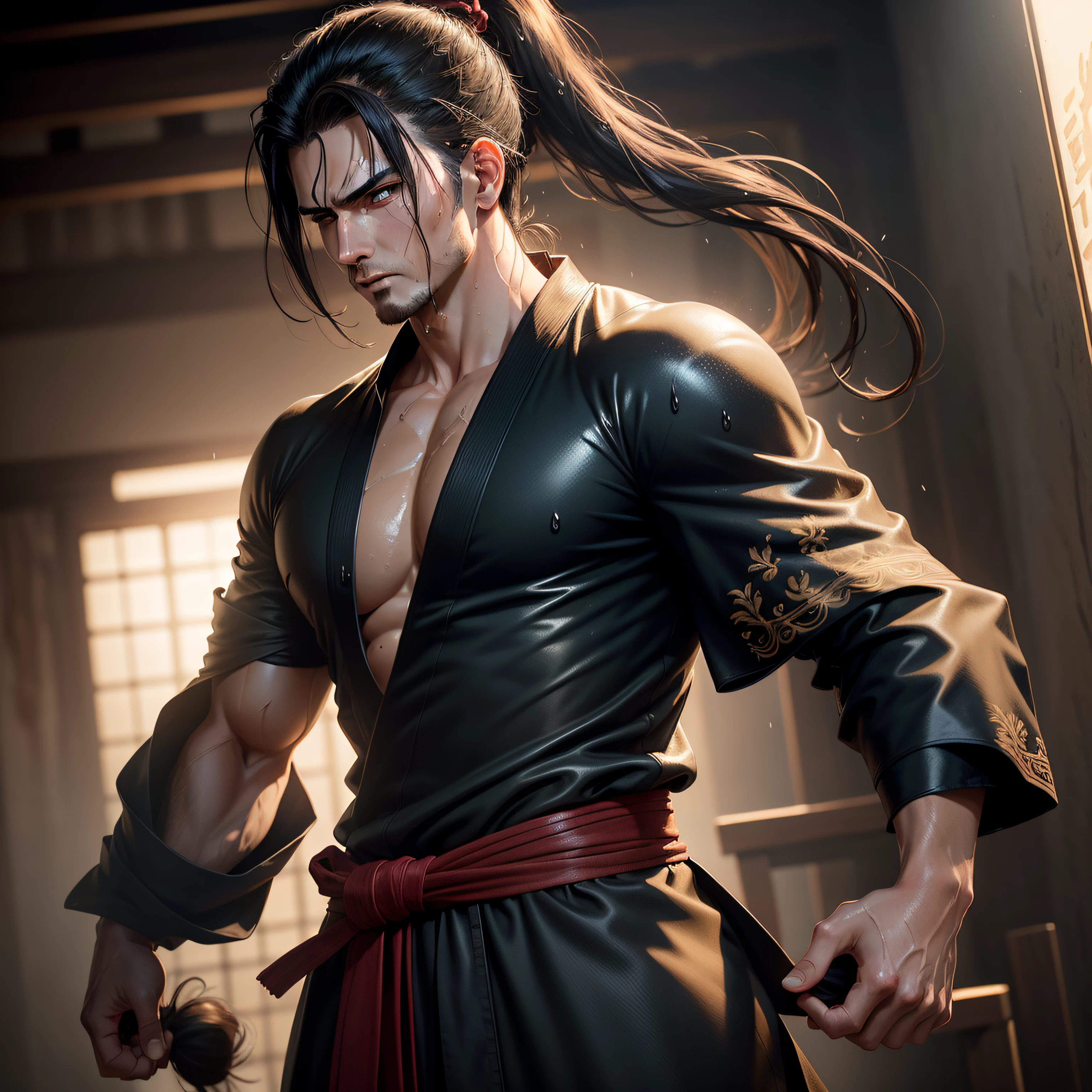 Two-dimensional, anime style, man (male warrior), muscle, correct proportions, face details, martial arts, high ponytail hairstyle, sweating, sweaty face, drooling, neck details, with Adam's apple, wet, wet, Hanfu costume, long robe, embroidered robe, dragon robe, clothing details, collar, long sleeves, game quality, swordsman demeanor, light and shadow tracing, ray tracing, detail glow, CG rendering, hair details, long black hair, golden eyes, sweaty face, handsome, handsome, sweat beads slipping down the neck, (juvenile feeling), complex clothing, wet, wet, perfect composition, refinement, high quality, more details, a lot of details, complex background, atmosphere,