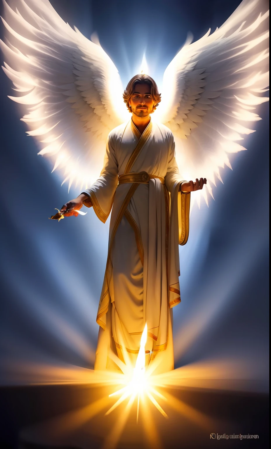 Lindo anjo com roupas claras, cabelos loiros. Sitting at a table with several lit candles. Mystical and mysterious environment. Rosto muito limpo e barbeado.