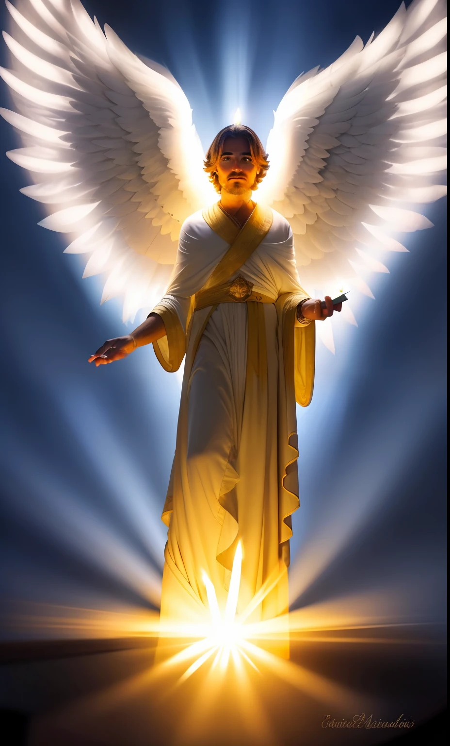 Lindo anjo com roupas claras, cabelos loiros. Sitting at a table with several lit candles. Mystical and mysterious environment. Rosto muito limpo e barbeado.