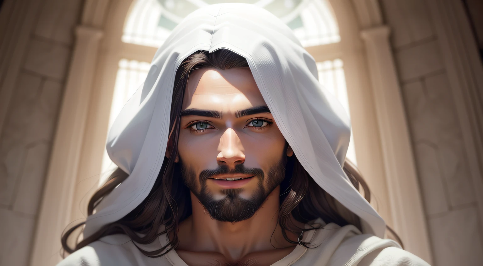 imagem de jesus, em qualidade perfeita, imagem bastante real, com fundo branco , homem branco, de olhos azuis olhando para frente e sorrindo, cabelos longos e castanho, e roupas antigas da epoca de jesus cristo
