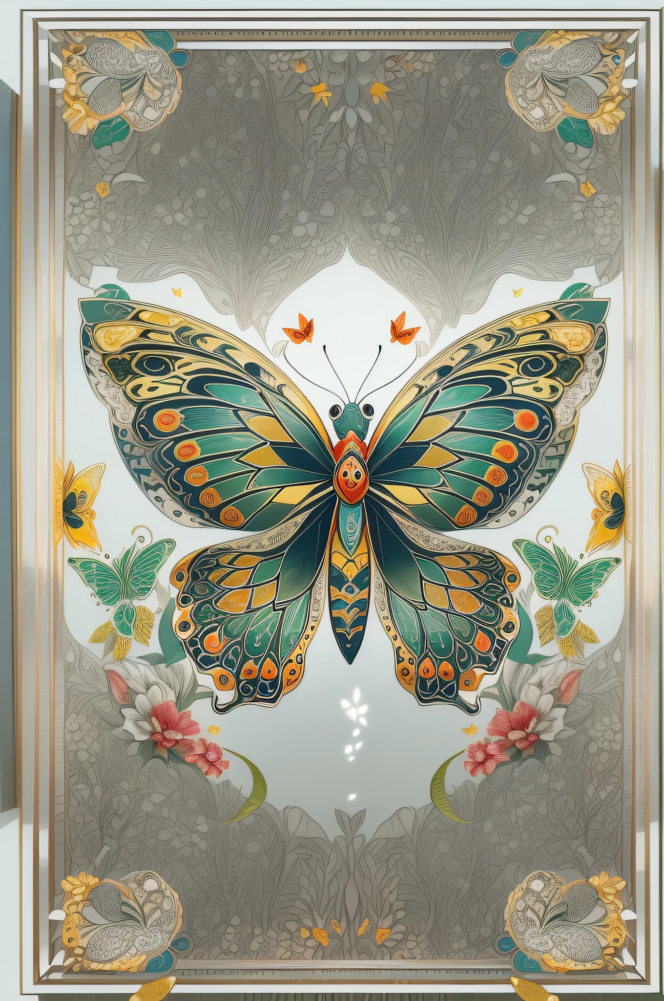 (White background:1.4),(Symmetrical:1.5),(Masterpiece butterfly, In the middle,  Oriental elements),（China - chic illustration:1.2, Vector painting:1.2),(Chinese colors,senior color matching),( reasonable design, Clear lines, High sharpness,Best quality, Very detailed, Masterpiece, offcial art, movie light effect, 4K )