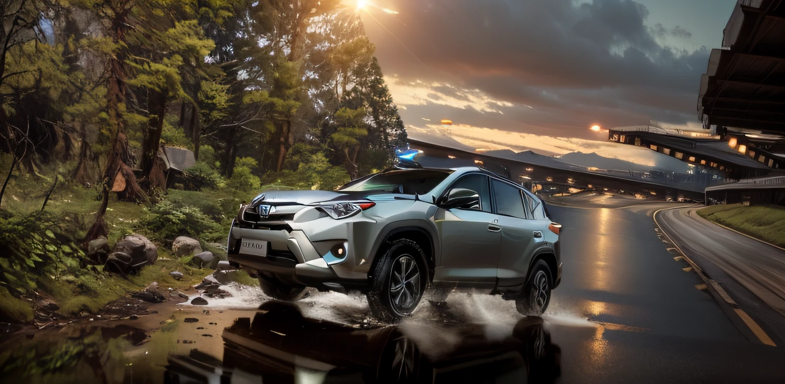 A Toyota RAV4，Scene of crossing from the city to the forest，large scene，metals，commerciaphotography，rich details​，movie atmosphere