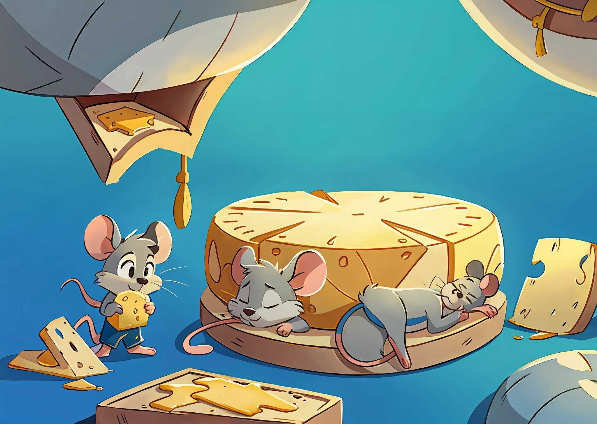 On a blue background，Close up gray cartoon mouse sleeping on top of big cheese hole