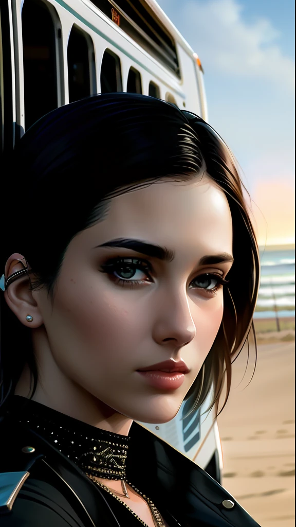 photo of the most beautiful artwork in the world featuring a modern punk woman, leaning against a van on a California beach, trending on ArtStation, CGSociety, Intricate, High Detail, Sharp focus, dramatic, photorealistic painting art by greg Rutkowski