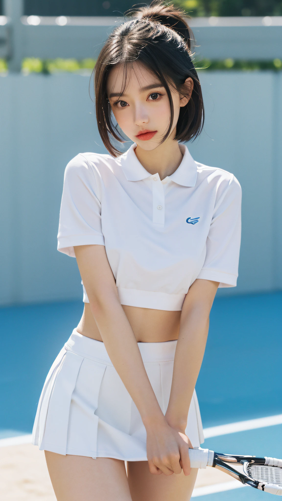 1girll, 独奏, White polo shirt, White sneakers, tennis wear, white mini-skirt, tmasterpiece, Best quality at best, realisticlying, ultra - detailed, (shiny skins, perspired:1.4), looking at viewert, with short black hair, with brown eye,slenderness,Dynamic light and shadow,A high resolution,Sharp focus,depth of fields,The eyes are delicate,Sharp pupils,pupil realistic,smallunderboob,(Thigh thick:1.0),exteriors,Skysky