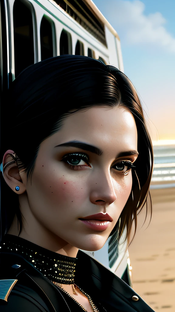 photo of the most beautiful artwork in the world featuring a modern punk woman, leaning against a van on a California beach, trending on ArtStation, CGSociety, Intricate, High Detail, Sharp focus, dramatic, photorealistic painting art by greg Rutkowski