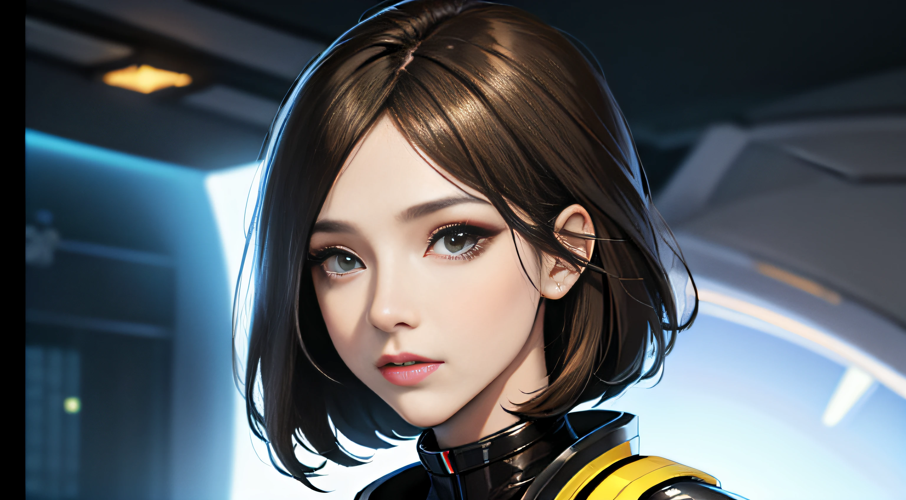 fking_scifi, award-winning photo of a man, black flight suit with yellow accents, brown hair, (gray eyes:1.35), square jawline, asymmetric face, standing in front of a window on a space ship, 80mm, bokeh, mass effect, close up, fking_cinema_v2