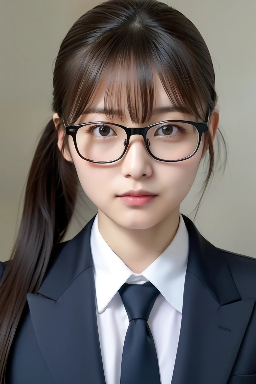 Wearing a recruit suit、japanes、28 year old、wears glasses、light skinned、Looks faint-hearted、ID photo、Gentle、girl with、Facing the front、Bangs are down、Facebook icon、poneyTail、Suppin