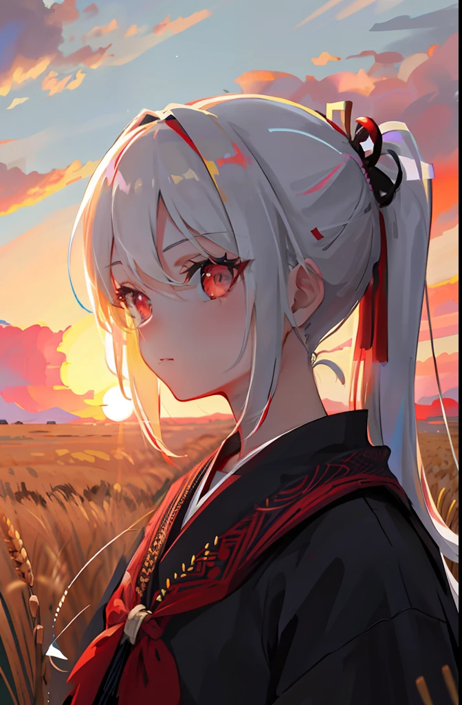 Masterpiece, Best quality, 1girll, Portrait, White hair, pony tails, Red eyes, Samurai, Wheat landscape, Sun, Clouds, (com cores neutras), (hdr:1.4)