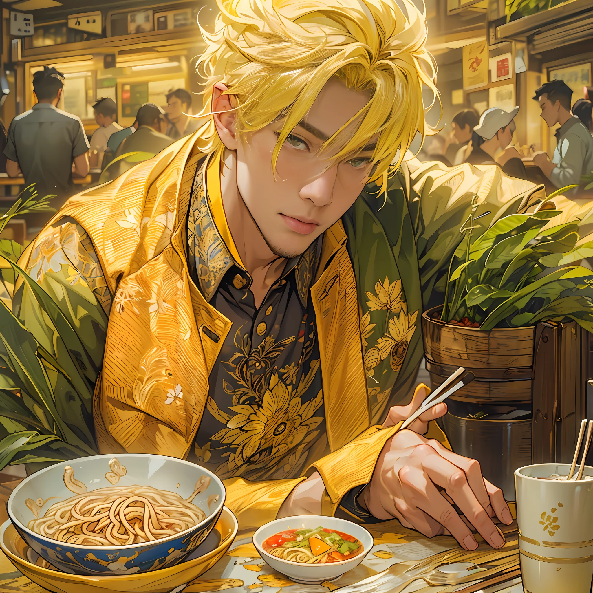 A handsome yellow-haired young man in a yellow suit，sitting at table, I can't wait to see the beef noodles in front of me ,in the style of the stars art group xing xing, 32K, Best quality, Masterpiece, Super detail, High details,