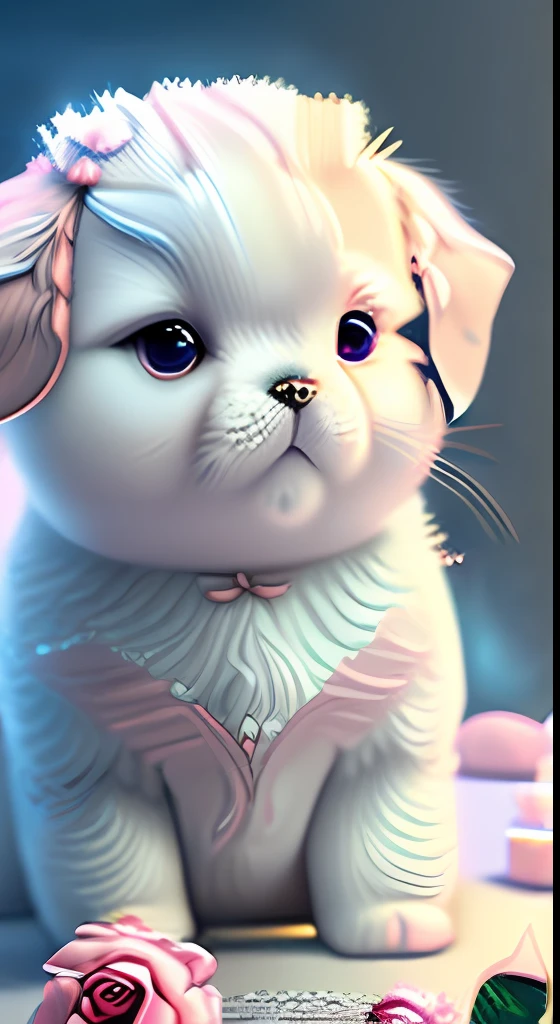 In this ultra-detailed CG art, cute puppy surrounded by ethereal roses, laughter, best quality, high resolution, intricate details, fantasy, cute animals, open mouths, laugh!!