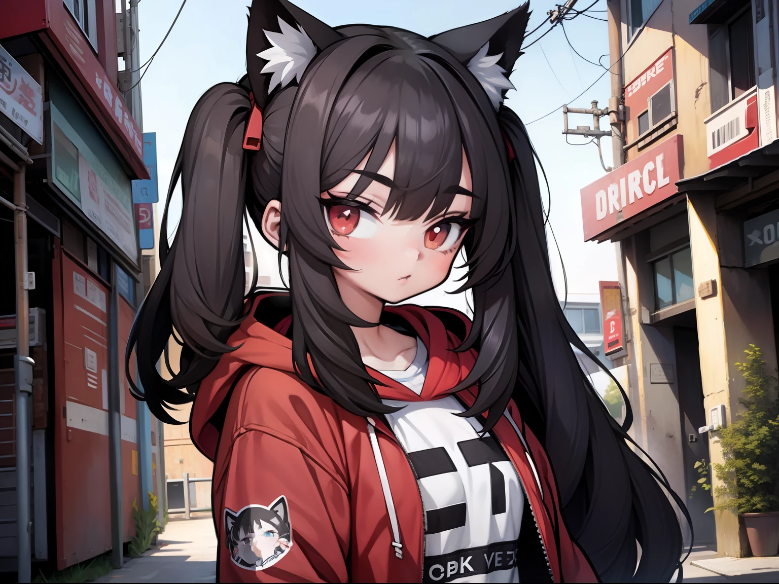 long hair,twintails,blunt bangs,black hair,cat ears,red eyes,hoodie,loli,