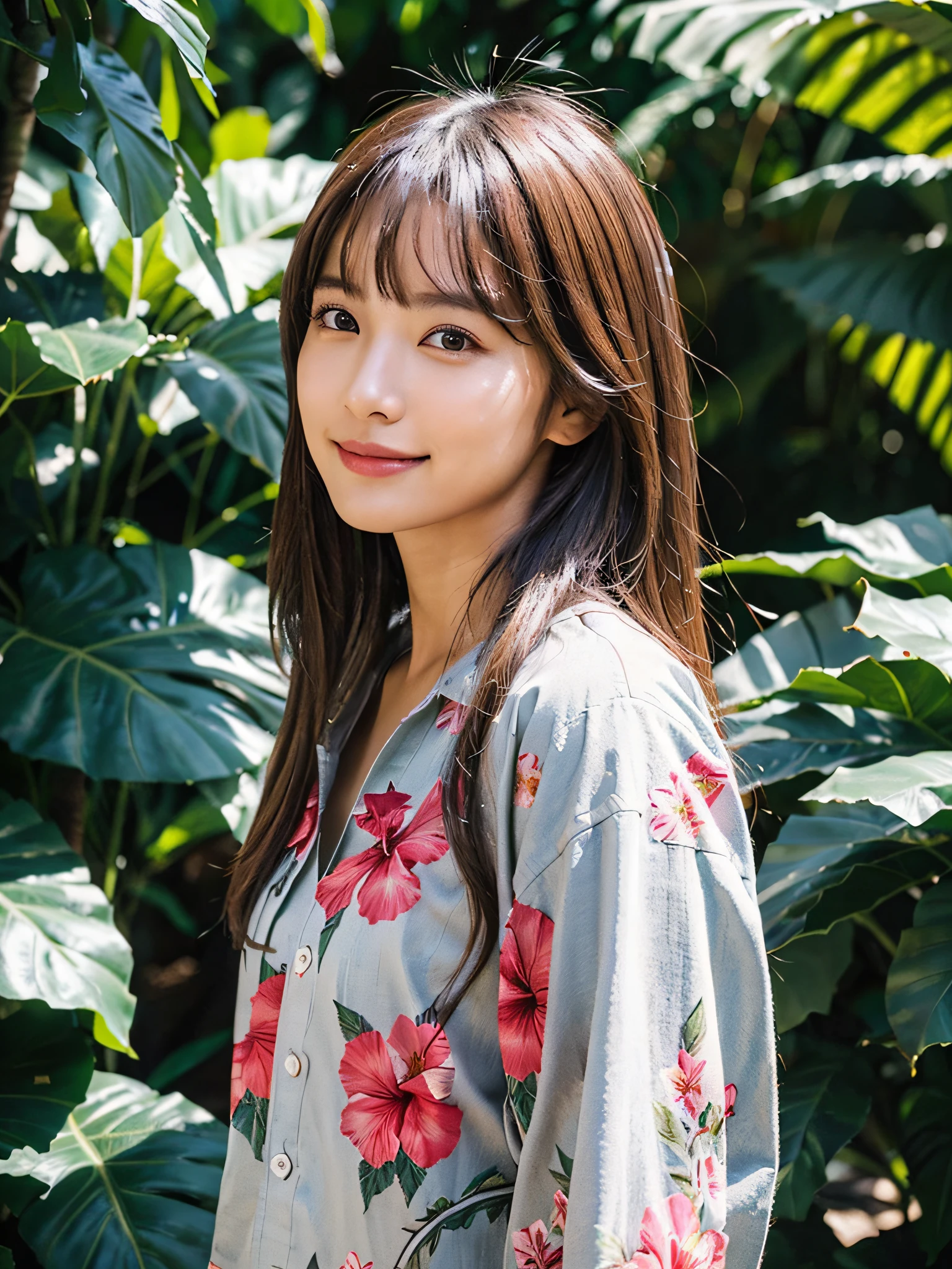 (top-quality:1.2、8K、foco nítido、masuter piece:1.2、natural soft light、extremely details CG、beautiful a girl:1.2、Realisticity、Detailed face textures、real looking skin、beautiful make up、octan render、grand、Detailed bangs))、 (depth of fields)、Bokeh in the background、a smile、long hair of detailed bright brown and silver two-tone color,、Cowboy Shots、(Aloha shirt with hibiscus print)、the wind、from side