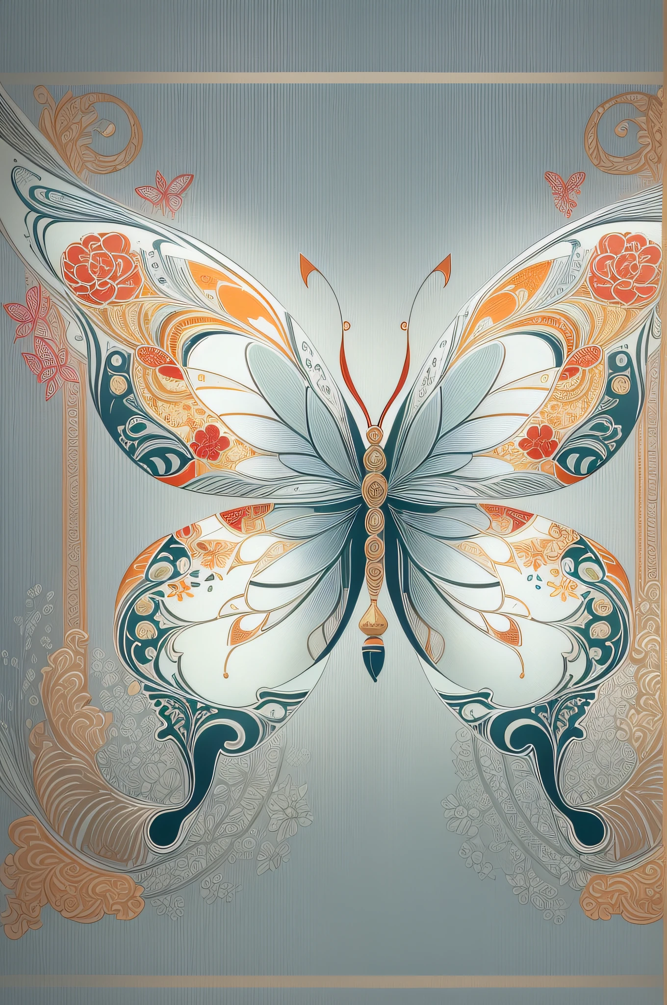 (White background:1.4),(Symmetrical:1.5),(Masterpiece butterfly, In the middle,  Oriental elements),（China - chic illustration:1.2, Vector painting:1.2),(Chinese colors,senior color matching),( reasonable design, Clear lines, High sharpness,Best quality, Very detailed, Masterpiece, offcial art, movie light effect, 4K )