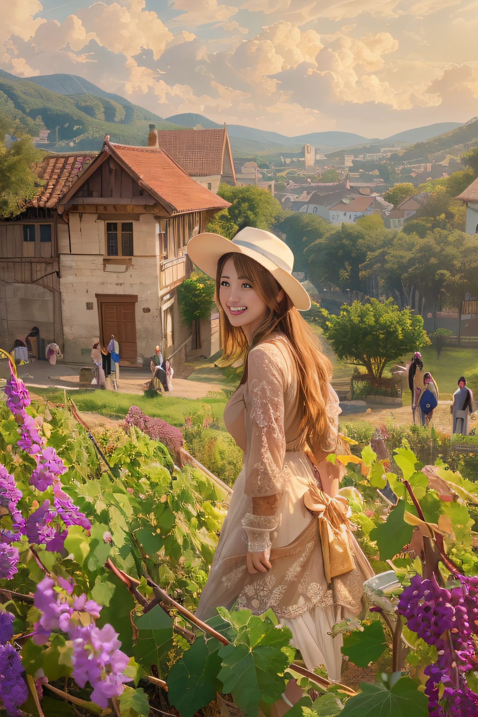 1girl in, high detailing, renaissance, romanticism, American Propaganda Posters, Expressionism, Genre painting, Impressionism, nffsw, Anatomically correct, Textured skin, high details, awardwinning, Best Quality, hight resolution, 8K、beautiful countenance、A detailed face、country girl、20yr old、Beautie、The most beautiful women in the village、farming、(FULL BODYSHOT)、perfectly proportions、Curvaceous、Healthy beauty、Skip、a little bit smile、Happiness、Grape picking、Vineyards、Soft light、
