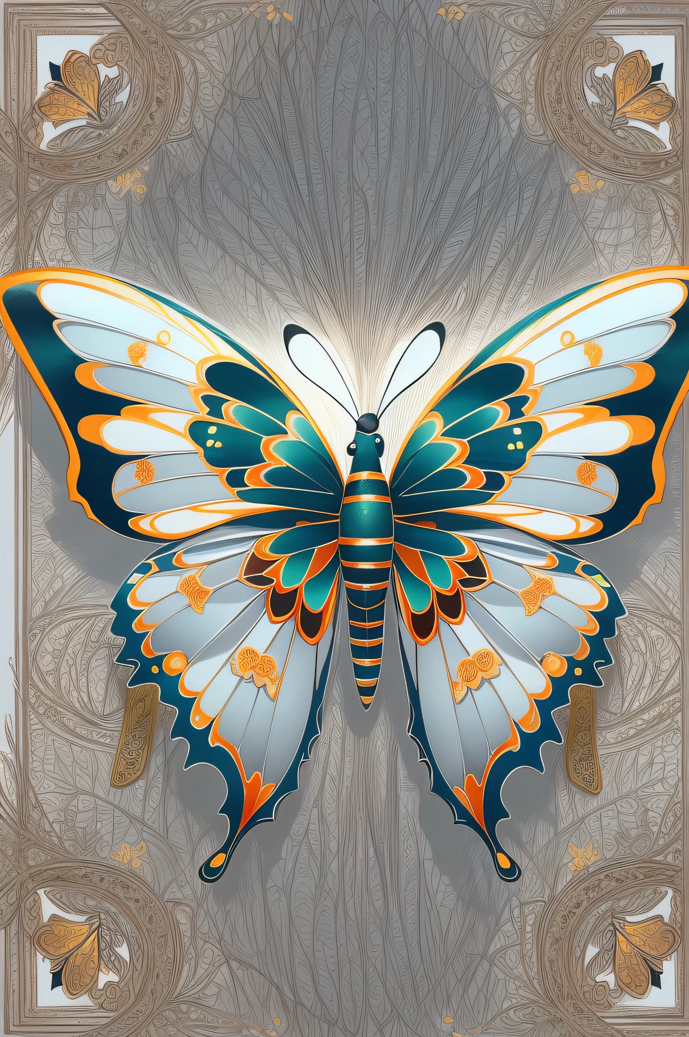 (White background:1.4),(Symmetrical:1.5),(Masterpiece butterfly, In the middle, Oriental elements),(China - chic illustration:1.2, Vector painting:1.2),(Chinese colors,senior color matching),( reasonable design, Clear lines, High sharpness,Best quality, Very detailed, Masterpiece, offcial art, movie light effect, 4K )