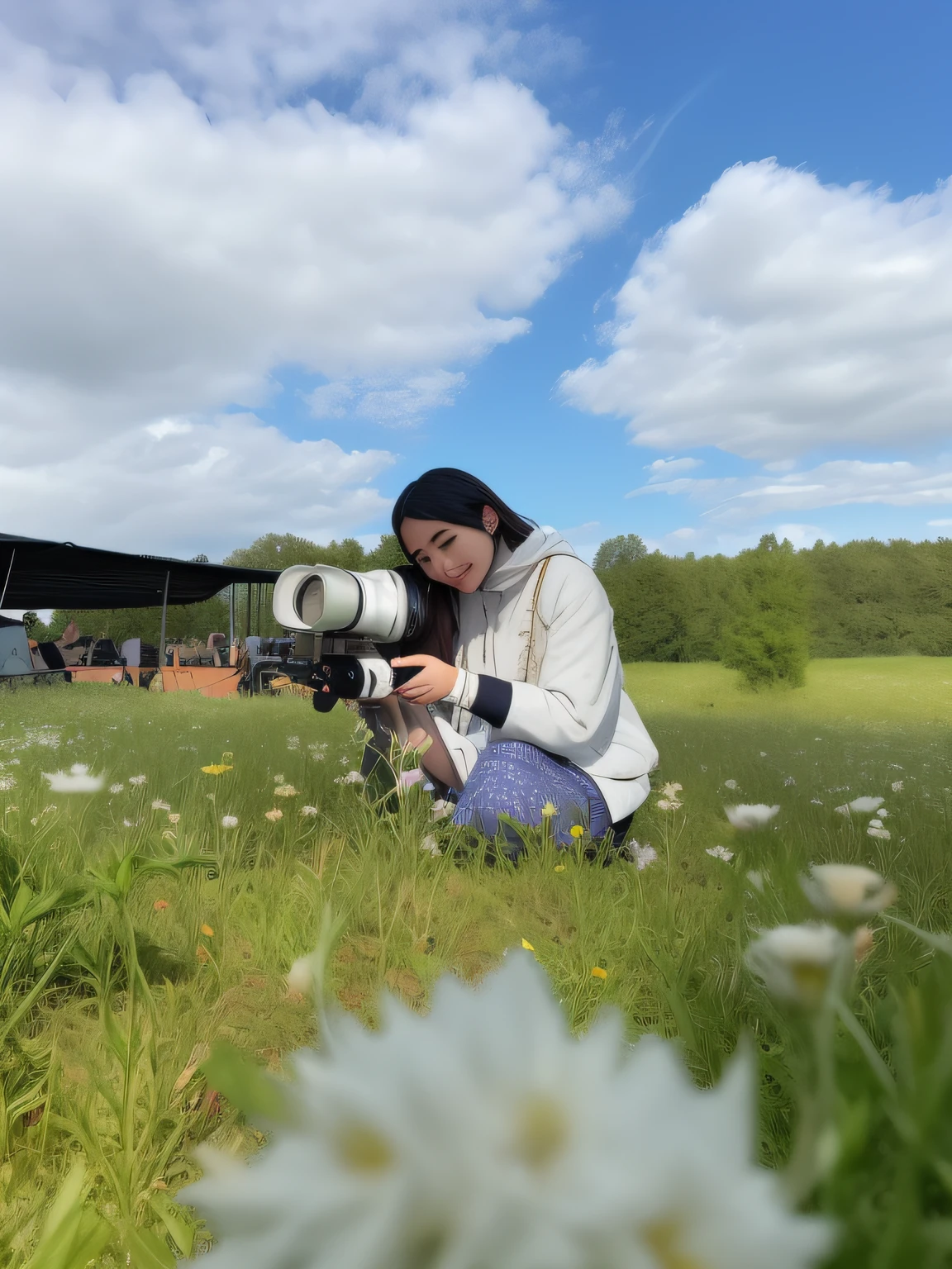 There was a woman kneeling in a field with a camera, author：anato finnstark, author：Jaco Matilla, in a field with flowers, sitting in a field of flowers, author：Anna Heifesch, author：Magdalene Behrens, is playing happily, in a field, sitting in a field, Sitting in a cannabis field "query": "The background in the photo，Plus a white skin，prette，Flattering，Attractive girl，She has big eyes，gentleness，The sun shines on her face，It's warm to watch，Like an elf，Her smile is charming", “type”:“IMAGE”, “actionTag”:“generative_image”