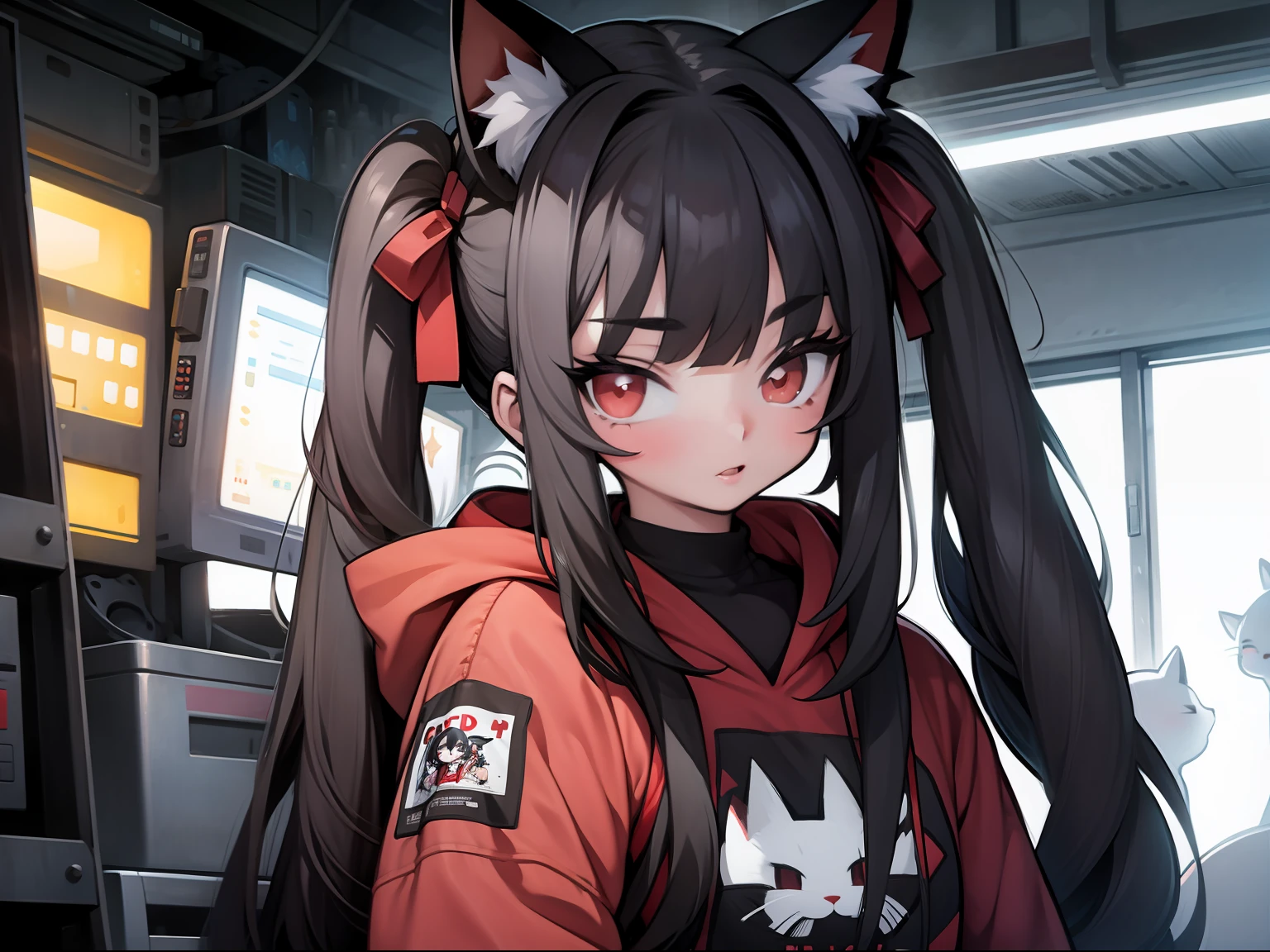 long hair,twintails,blunt bangs,black hair,cat ears,red eyes,hoodie,,