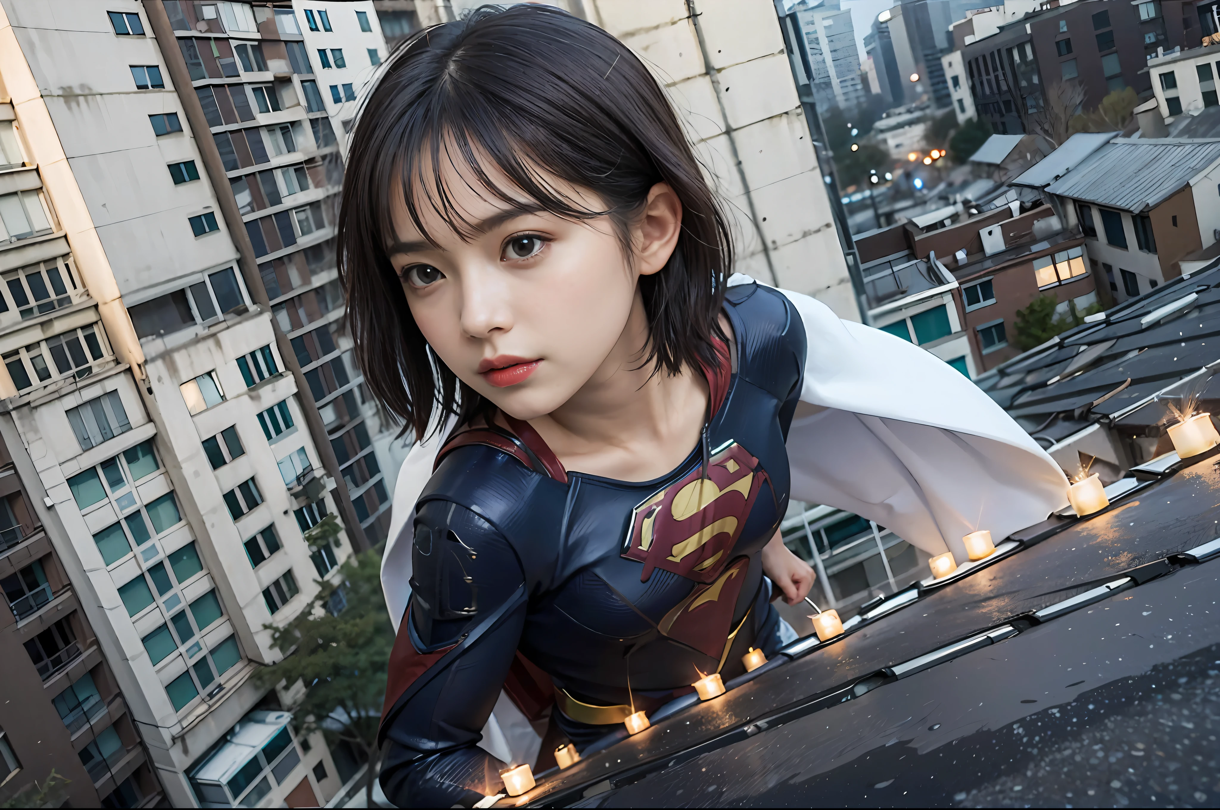 Best Quality, masutepiece, (Photorealistic:2), Ultra High Resolution, Highly detailed, A hyper-realistic, 1girl in, ((Supergirl suit in white)), (Superman's Long Cloak), Spider-Man pattern,  colourfull_hair、(((very_short_hair))), Short hair, Slim body, Full Shot,  Looking at Viewer, Night, ((On the roof of a building)), Rain, Dark Scene, Dark atmosphere, light neon, myst, cloudy, Lightning, Detailed background