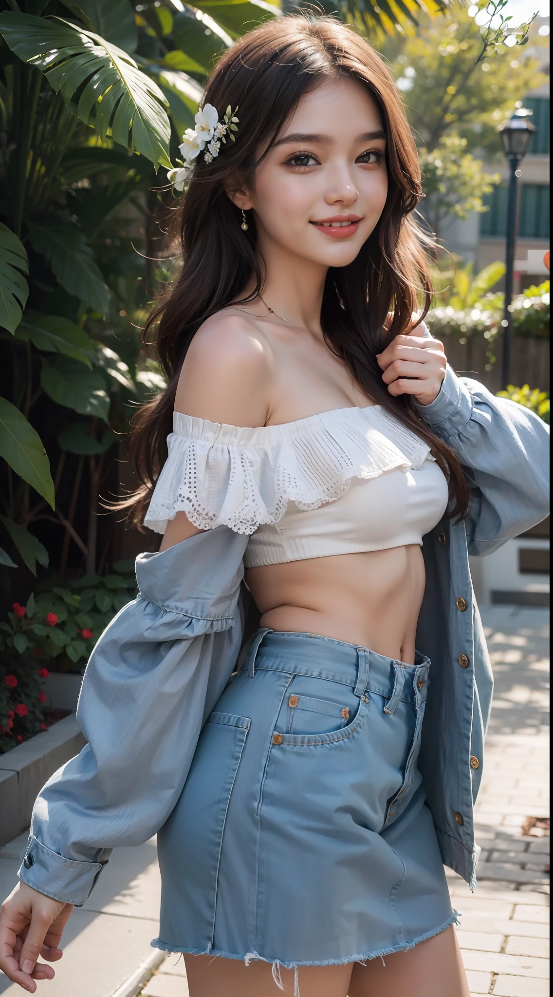 best quality, masterpiece, ultra high res, photorealistic, 1girl, offshoulder, smile