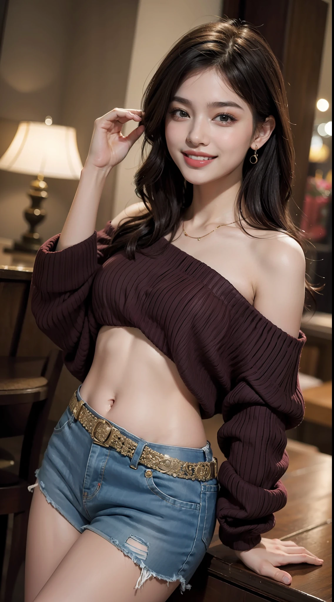 best quality, masterpiece, ultra high res, photorealistic, 1girl, offshoulder, smile