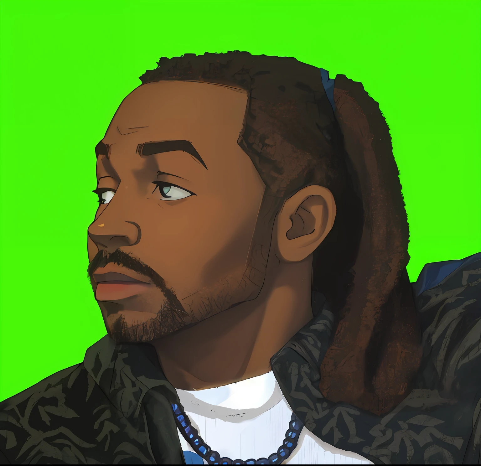 profile view of a black man without shirt looking at viewer, exactly similar to photo ,poker face mood